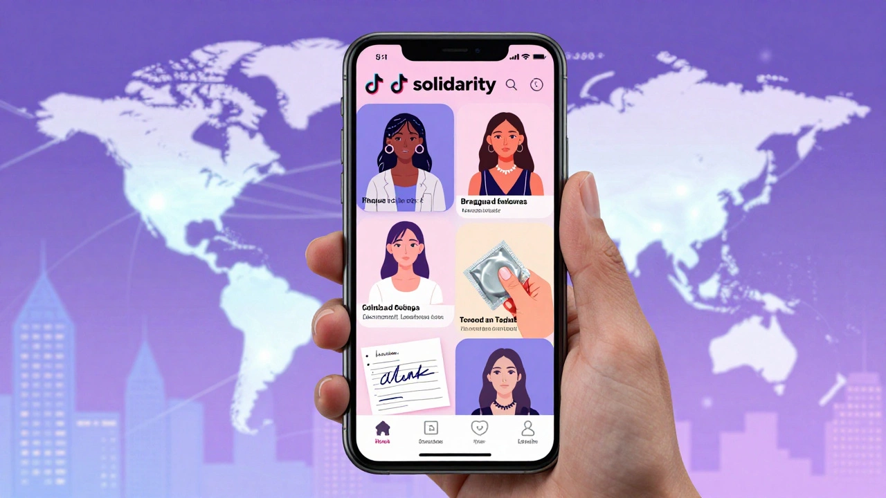 A smartphone screen shows diverse TikTok videos by sex workers, connected by glowing lines to global cities.