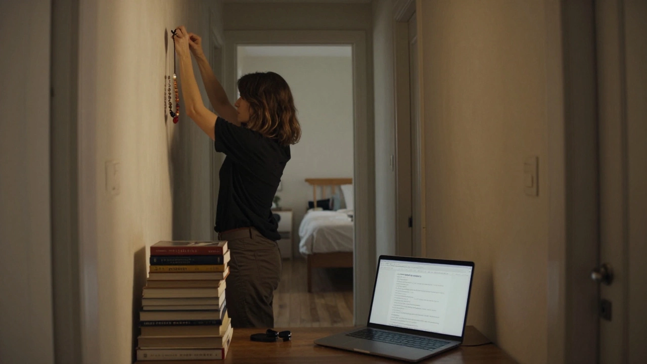 A woman hanging handmade jewelry in her modest Paris apartment, books and laptop visible.