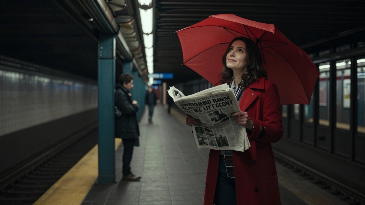 A woman in a red umbrella coat smiles in a quiet subway station, holding a newspaper about defunded services.