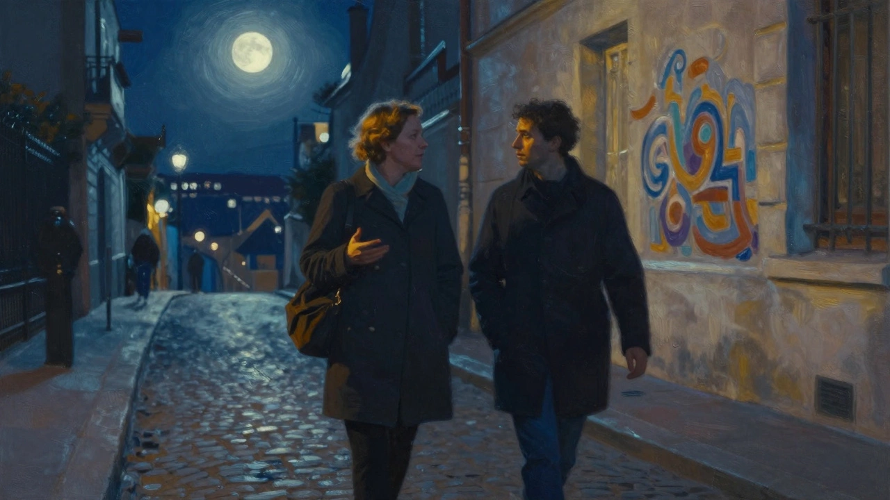 Two figures walking peacefully under Parisian streetlights in Montmartre at night.